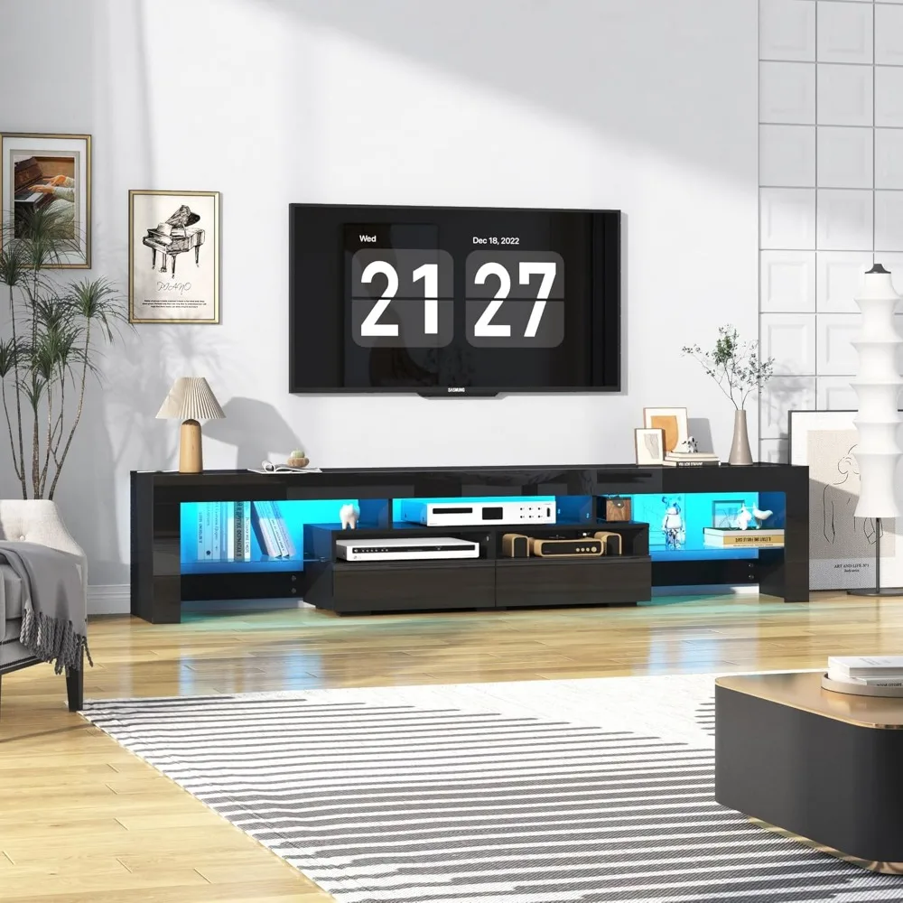 Meuble TV moderne pour téléviseurs de 85 à 95 pouces – Centre de divertissement noir brillant pour le salon