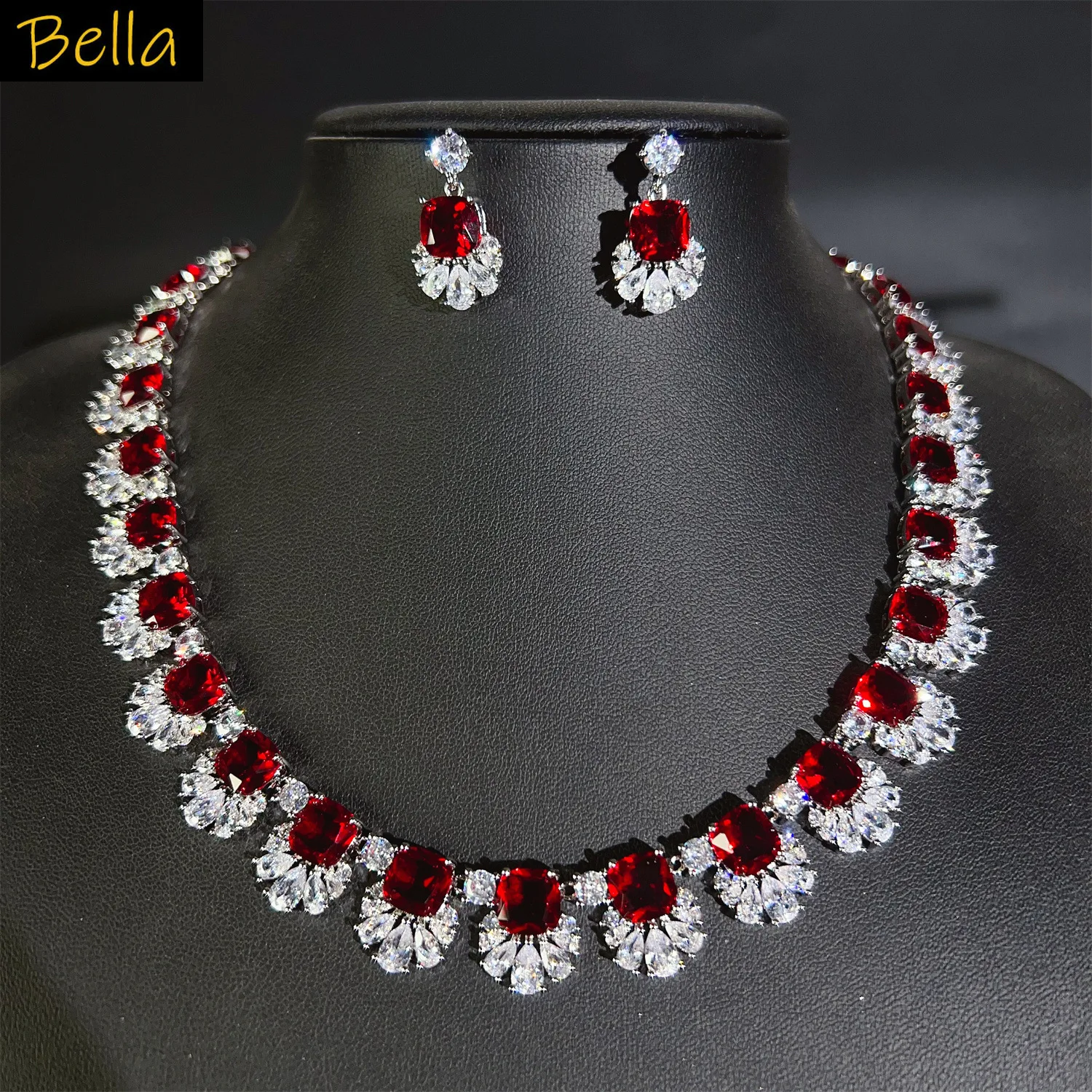 

bride luxury jewelry set 2pcs wedding dinner party shiny zirconia necklace earrings flower red green blue yellow jewellery women