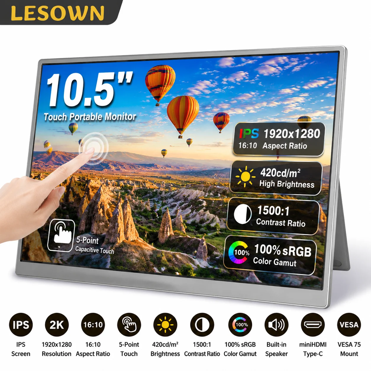 LESOWN 10.5 Inch Touchscreen Portable Monitor 2K LCD Driver-free External Display with Speakers for Laptop