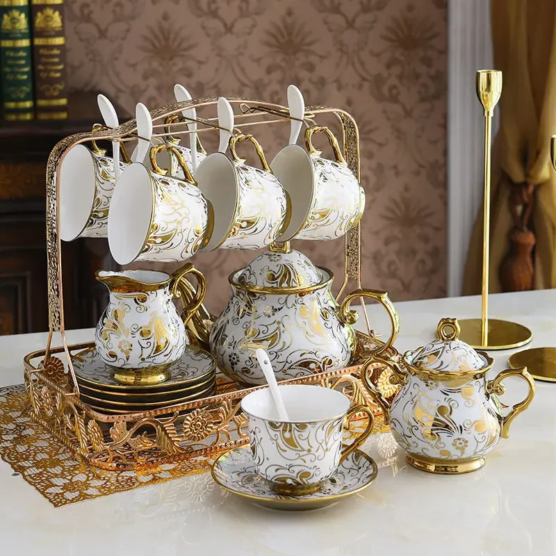 

Nordic Noble Bone China Coffee Pot Coffee Cups Saucer Sugar Bowl Set Luxury Ceramic Mug Top-grade Tea CupTea Spoon