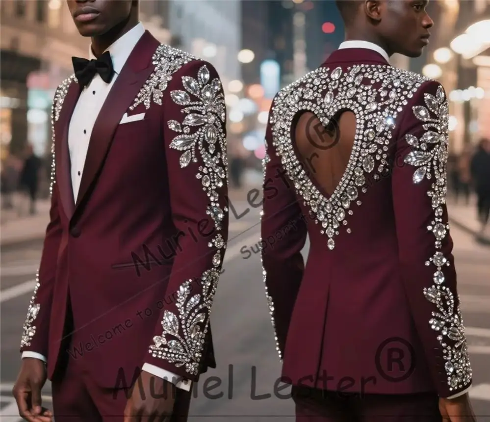 Unique Design Groom Wedding Suit Formal Wear Cut-out Back Tuxedo Beaded Stones Prom Blazer Pants 2 Piece Sets Costumes Hommes