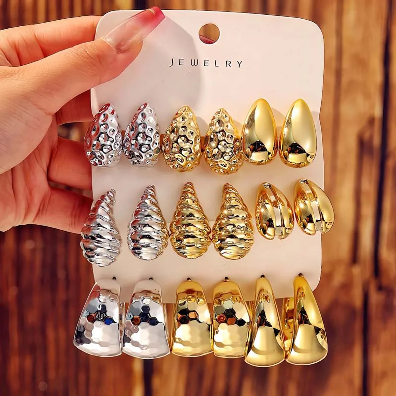 New Trendy Gold Color Texture Water Drop Earrings Set for Women Vintage Metal Geometric C Shape Hoop Earrings Jewelry Party Gift