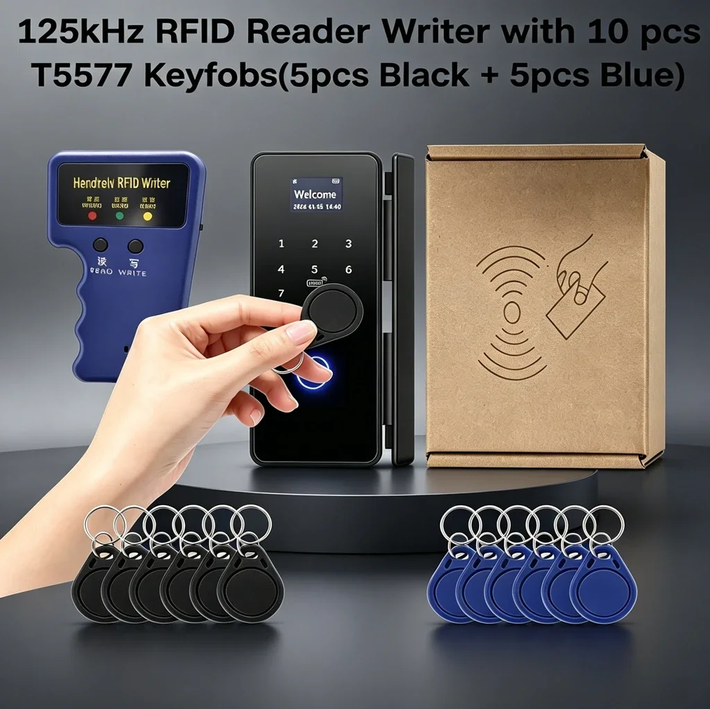 

Repetitive Handheld 125KHz EM4100 5200 RFID ID Card Writer Copier Duplicator Programmer + 5pcs T5577 Rewritable Keyfobs Tags