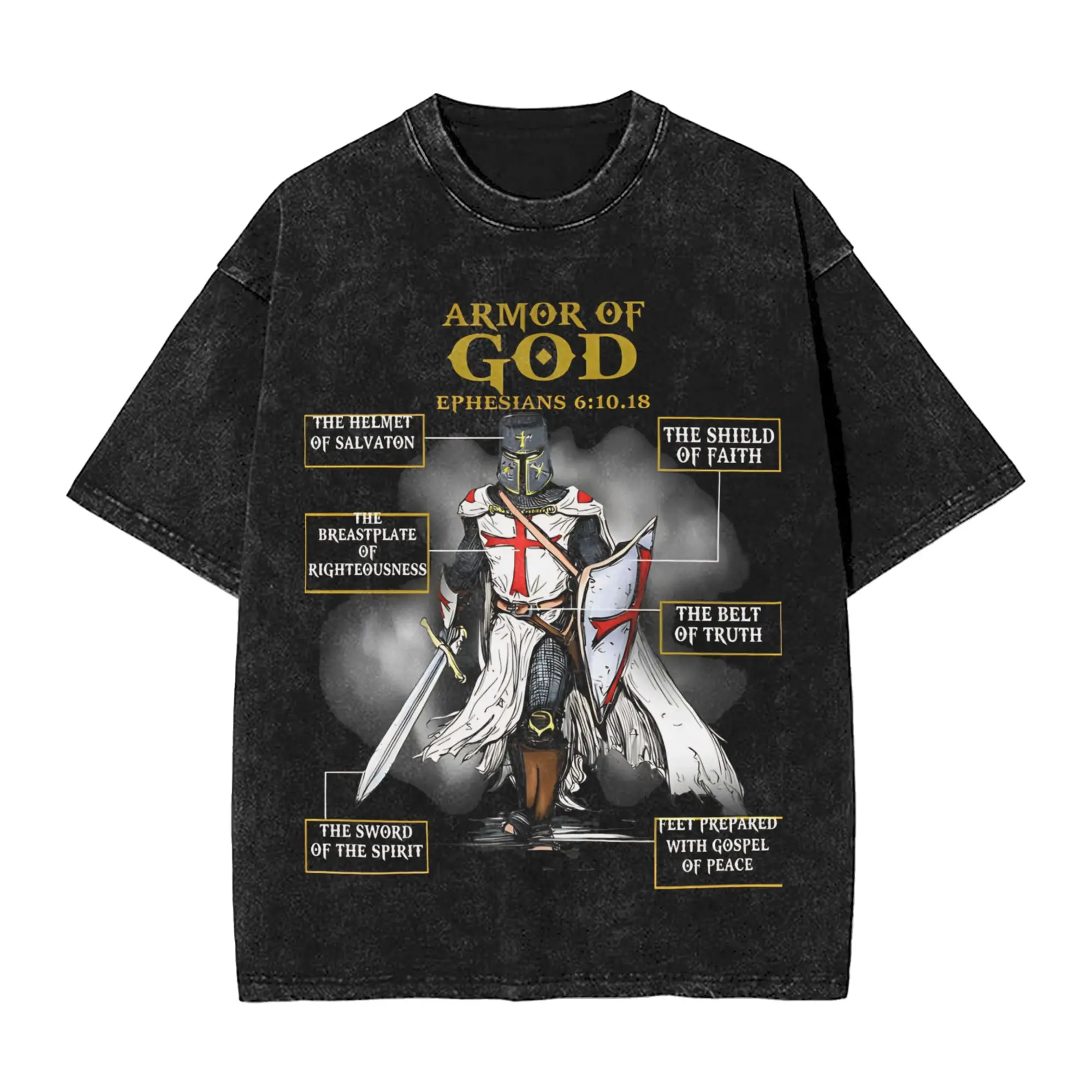Armor-Of-God-Christian Templar Cross Knights Merch Washed T Shirt Men Women Streetwear Hip Hop T-Shirt Summer  Tees Tops