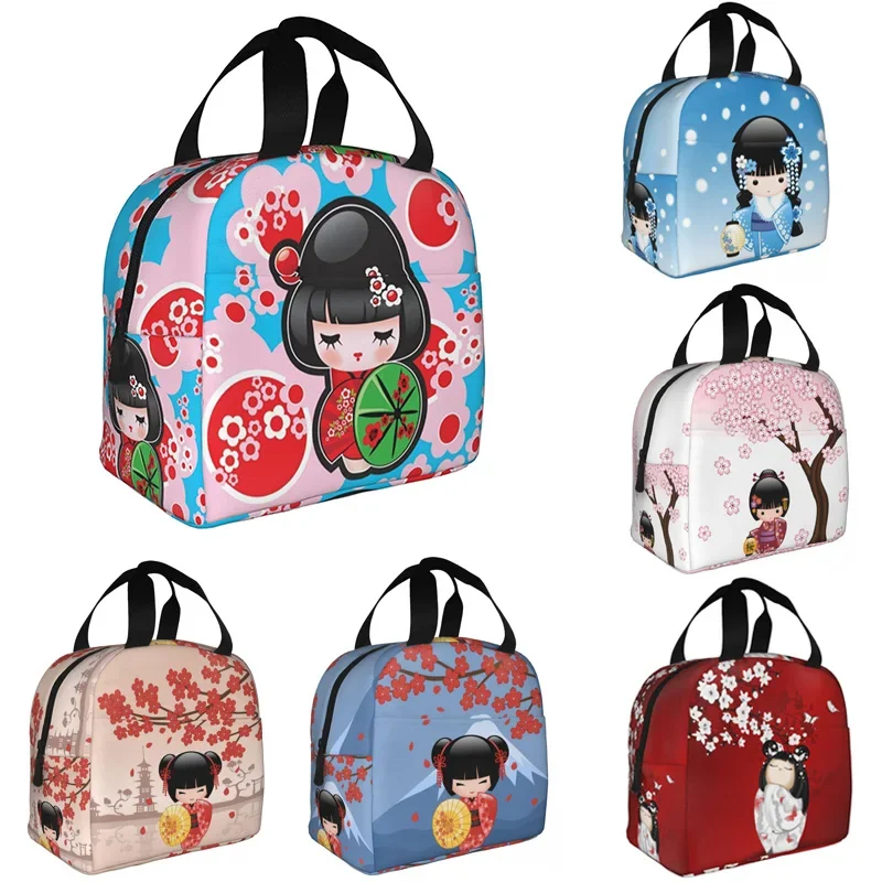 Japanese Keiko Kokeshi Doll Insulated Lunch Bag Cute Design Kimono Geisha Dolls Girls Cooler Thermal Bento Box Lunch Boxes