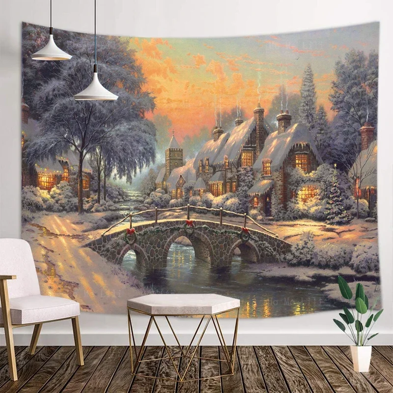 Winter house cobblestone Christmas Eve classic festival painting tapestry for home wall decor by Ho Me Lili