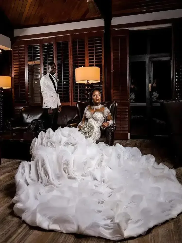 

Customized African Beads Sequins High Wedding Dresses Sweep Train Lace Appliques Cascading Ruffles Mermaid Bridal Gowns