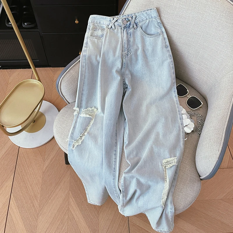 Heart-Shaped Hole Embroidery Retro Straight Jeans Women Summer Design High Waist Loose Wide Leg Pants Denim Pants