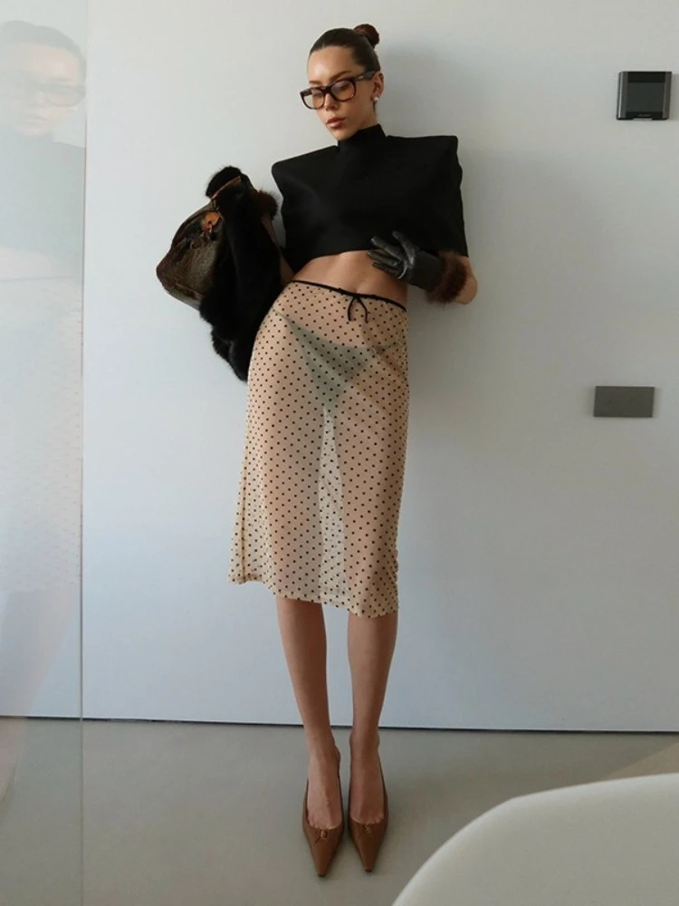 FDYOUI Sexy Polka Dot Print Mesh Skirts 2026 Summer Women See-through Midi Skirt Evening Party Club Outfit Ladies Apricot Dress
