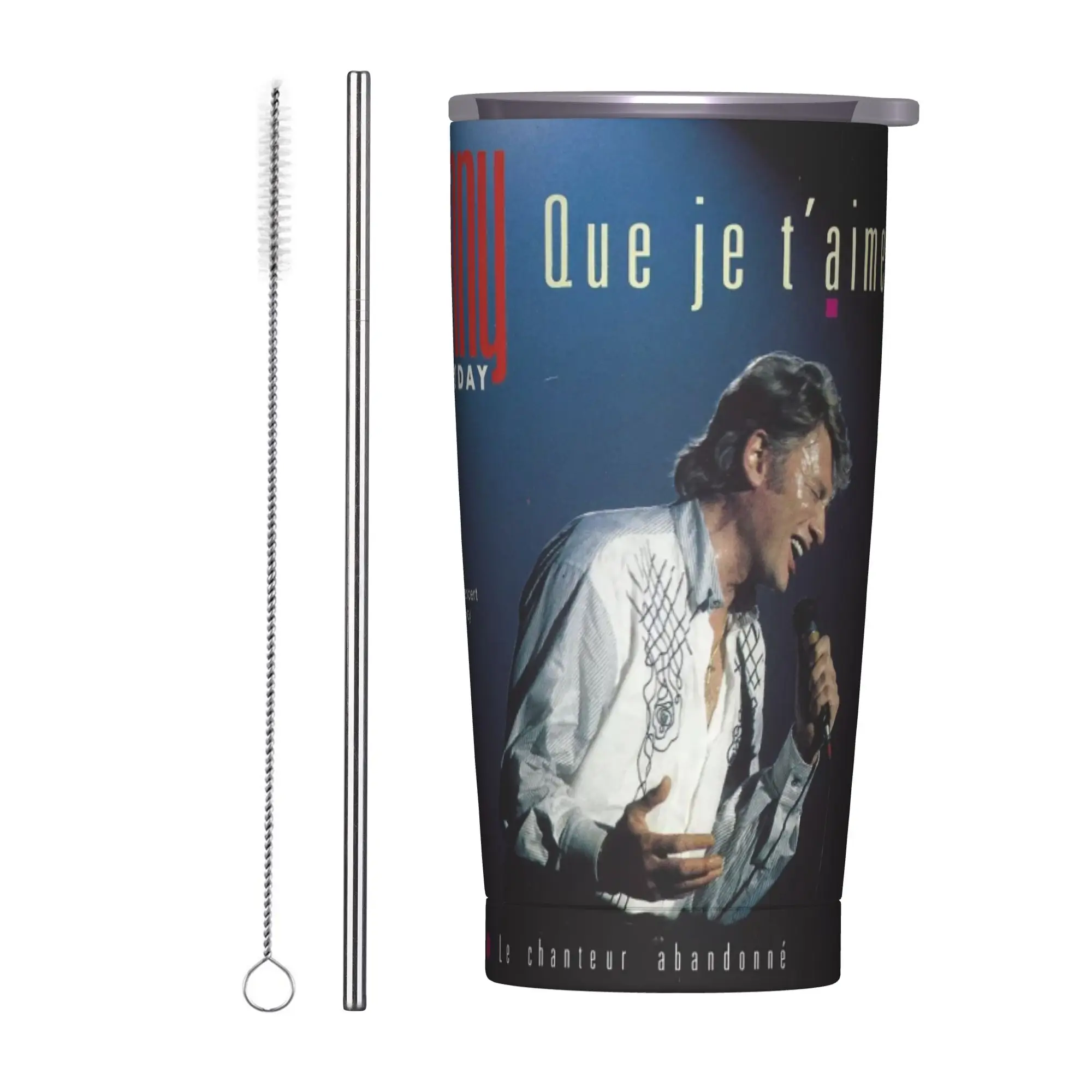 Johnny Hallyday Singer Insulated Tumbler with Straws Lid  Stainless Steel Coffee Mugs Double Wall Car Bottle Cups, 20oz