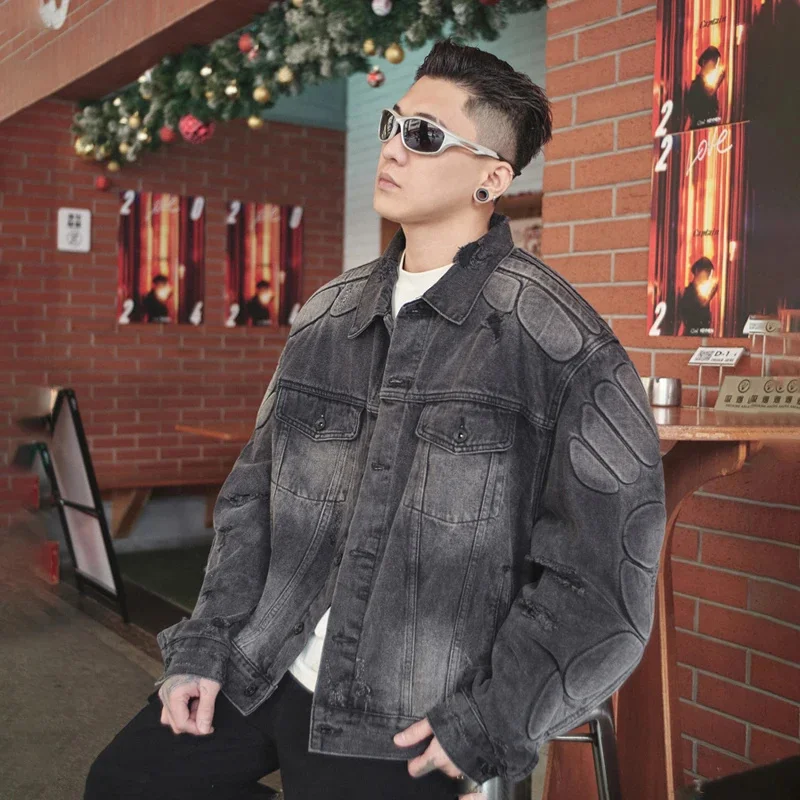 High-end Korean version of the personality 3D three-dimensional embroidery men's denim jacket washed holes loose tops