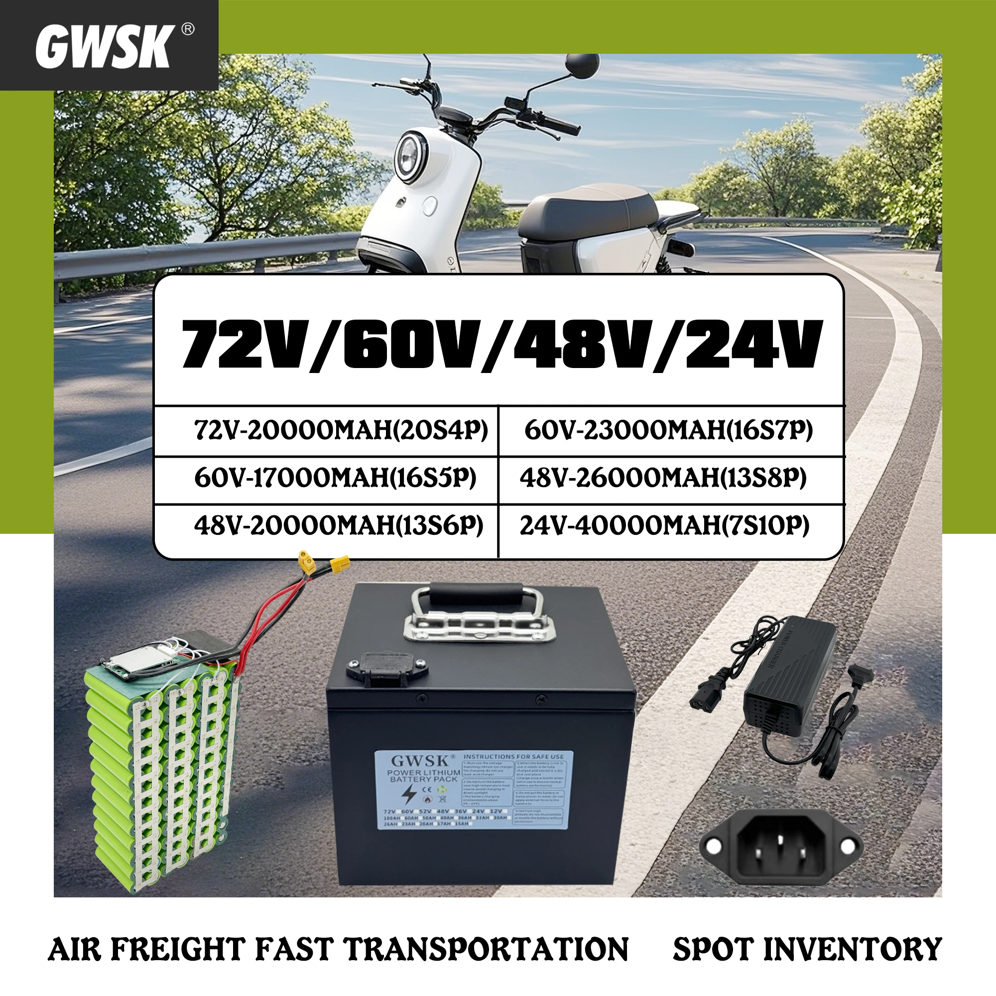 

New 100% real capacity, GWSK72V60V48V24V18650 lithium-ion battery, charger, suitable for power applications below 3000
