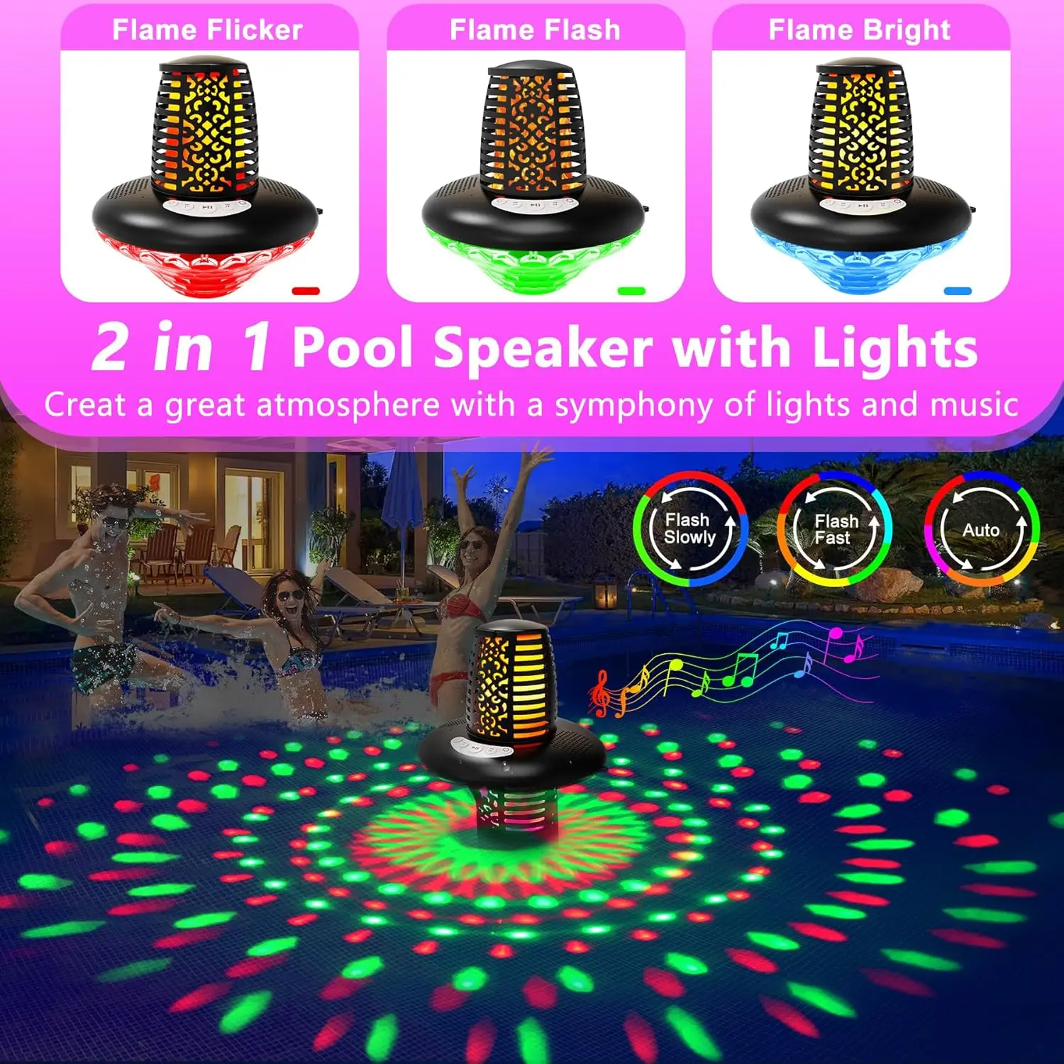 Floating Pool Speaker IP68 Waterproof Loud Stereo Sound LED RGB Flame Light TWS Pairing Built-in Mic