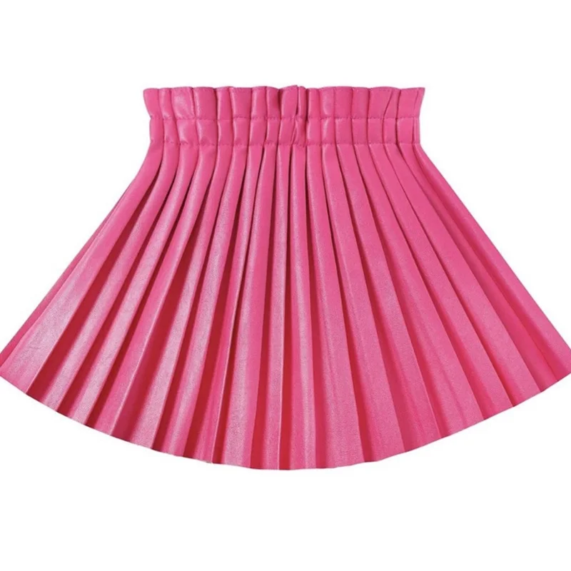 

2-14Y Pleated PU Leather Skirt For Girls Fashion Solid Pink Mini Skirt Student Summer Elastic Waist Korean Girls Faldas 2022