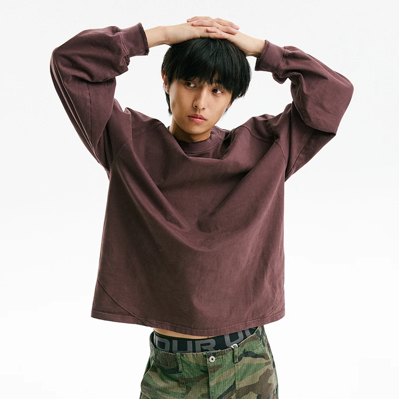 Unisex Heavy Wash Carbon Brushed Long Sleeve T‑Shirt 100% Cotton Raglan Sleeve Top Loose Crew Neck Vintage Basic Undershirt