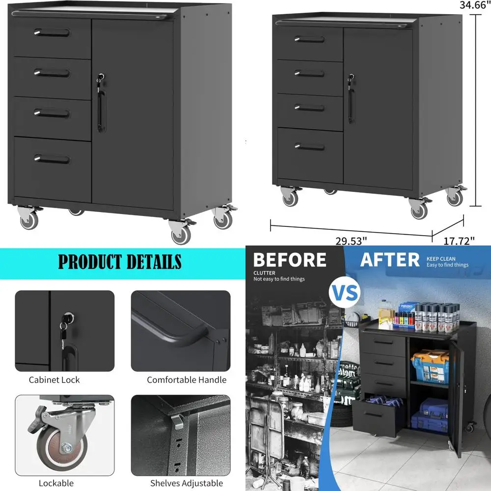 휴대용 고강도 금속 차고 공구함 (4개의 서랍과 잠금 가능한 캐비닛 포함)