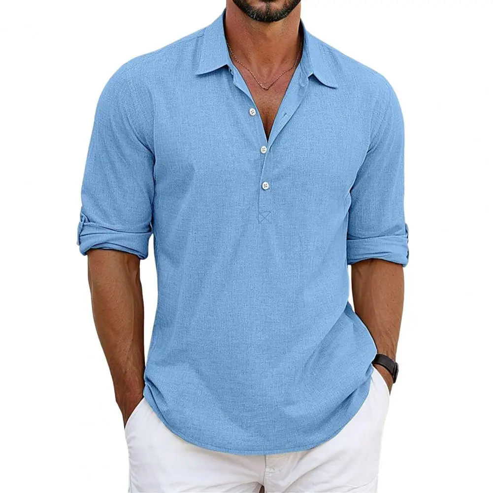 Camisa holgada de longitud media para hombre, Top de Cuello medio abierto con botones delanteros, Color sólido, Otoño, 2024