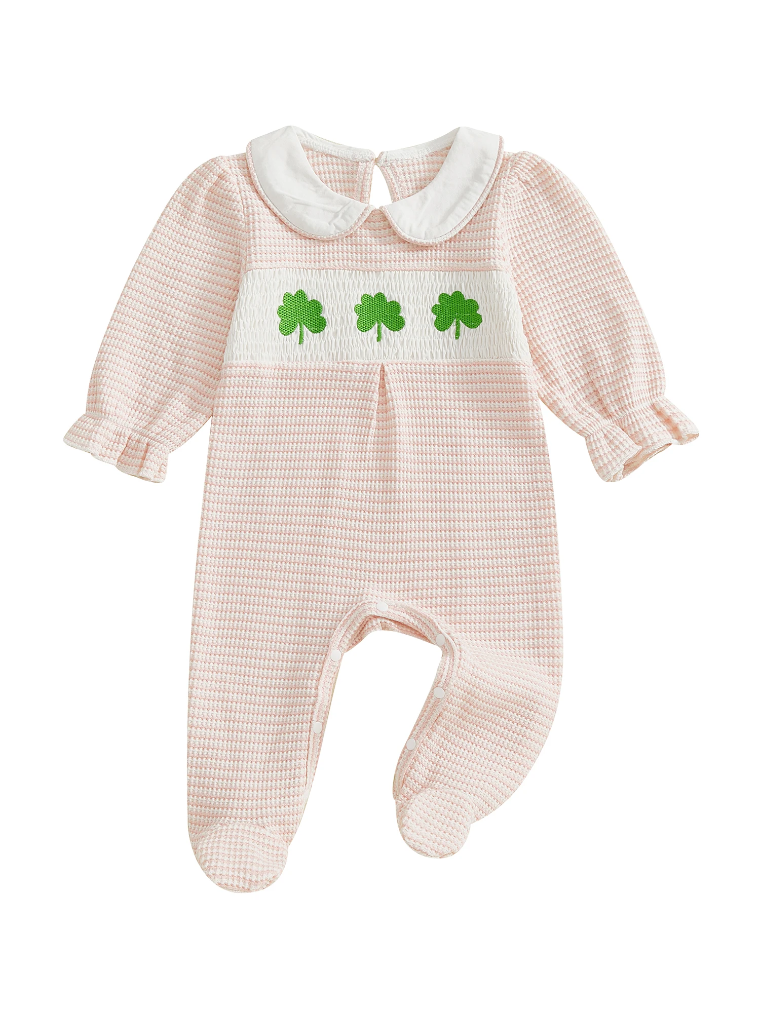 Adorables mamelucos para niña con mangas con volantes y bordado floral Mono con patas de primavera de algodón suave en rayas pastel