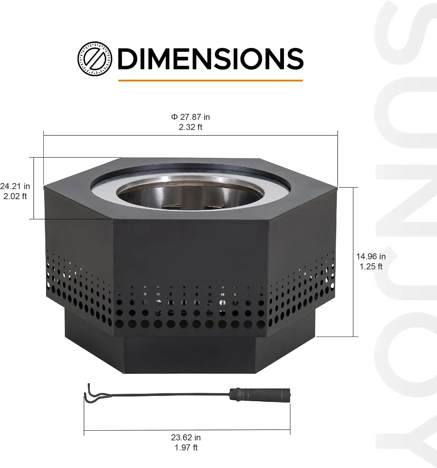 Smokeless Fire Pit 28-Inch Hexagonal Firepit for Outdoor, Stainless Steel Wood Burning Fireplace with Removable Ash Pan, PVC