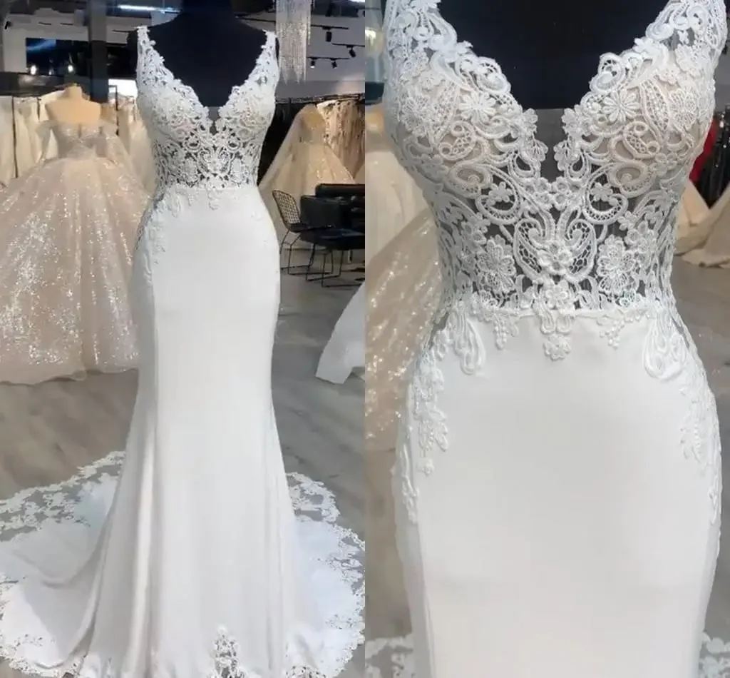 Robes de mariée en dentelle personnalisées, col en V, dos transparent, train de balayage, boutons, patients de jardin et de pays, quoi que ce soit