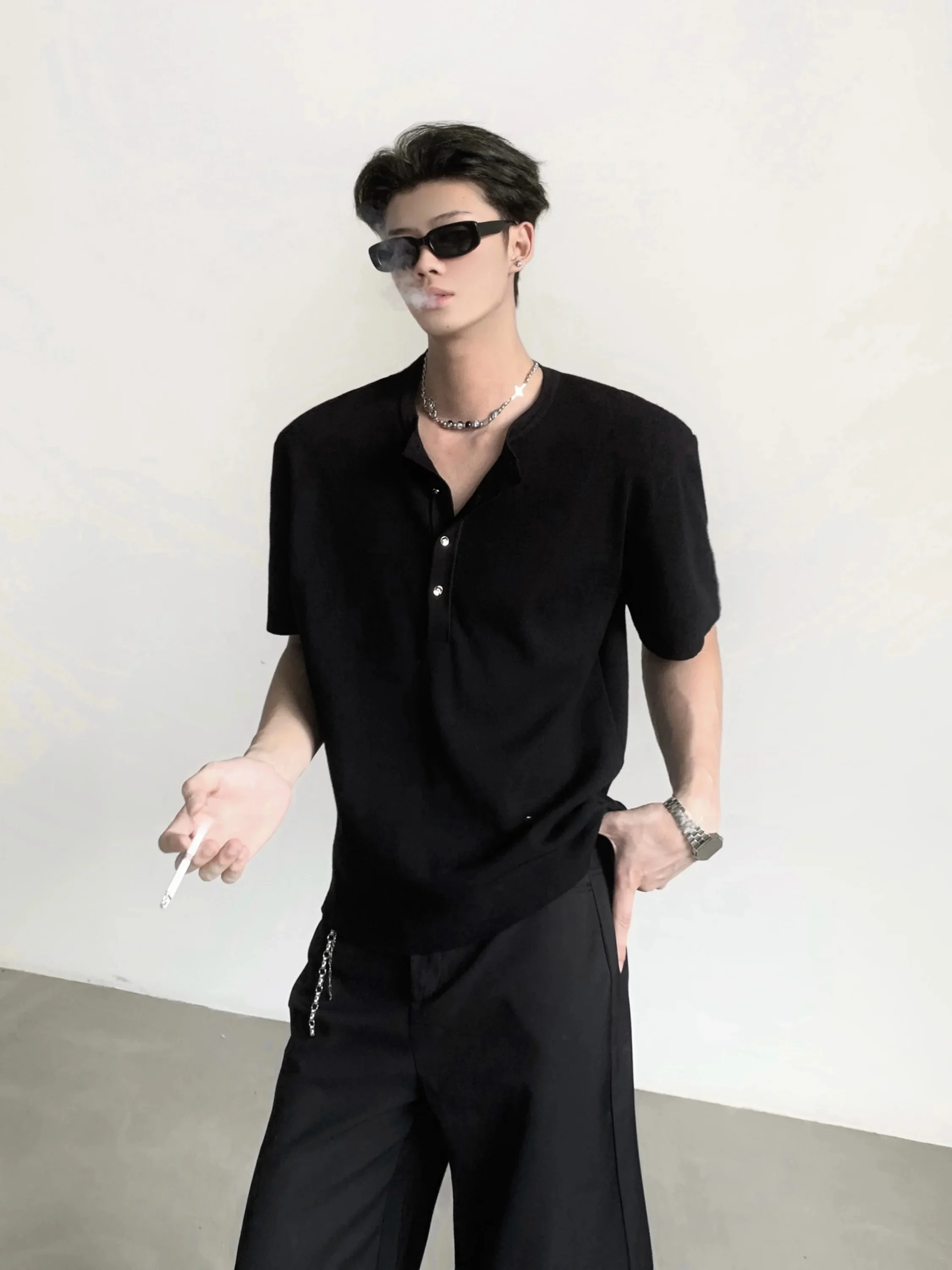 Cleanfit Slim Fit Knitted Short Sleeve T-Shirt Henry Collar Breathable Summer Fashion Urban Style Male Top Quality Knitted Cloth