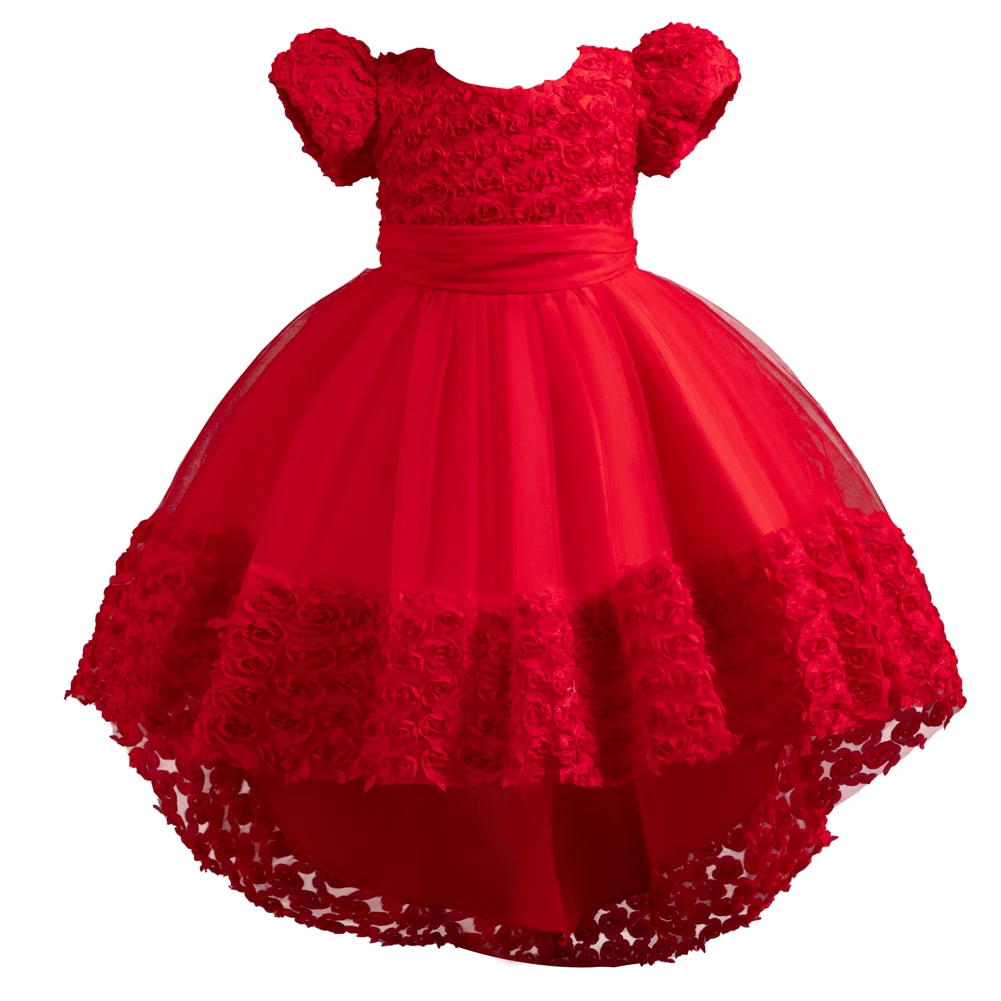 Red children's performance dress, girl's three-dimensional rose mesh taildress, girl's birthday party dress