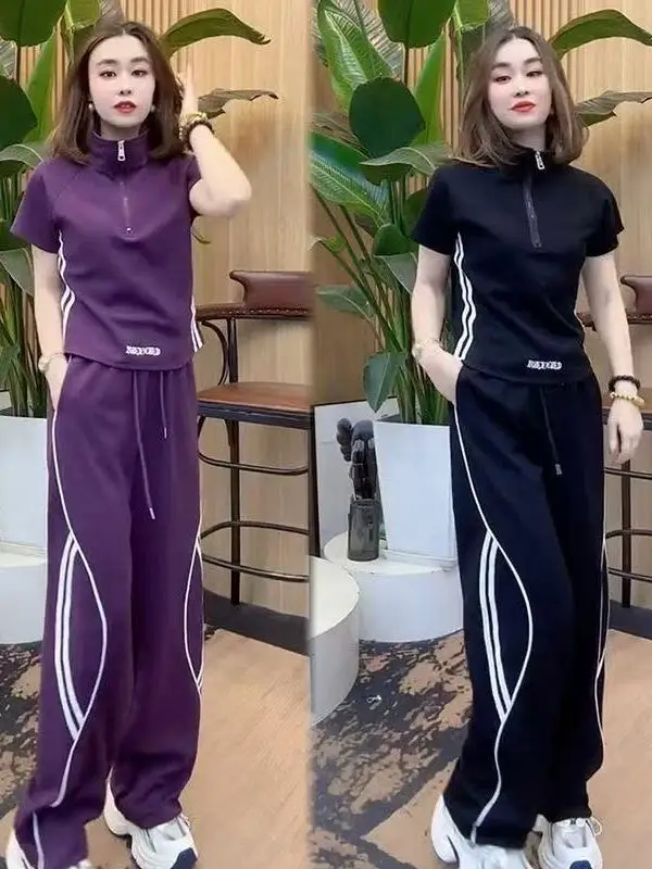 plus Size Casual Korean Style Sportswear Set Women's Summer Fashion Loose Slimming Short Sleeve Wide Leg Pants Two Piece Set