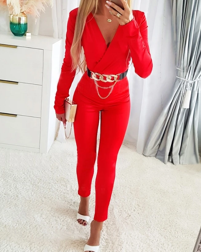 

Fashion Jumpsuit for Women 2023 Elegant Deep V-Neck Solid Chain Decoration Long Sleeve Straight Leg Casual Working Jumpsuit