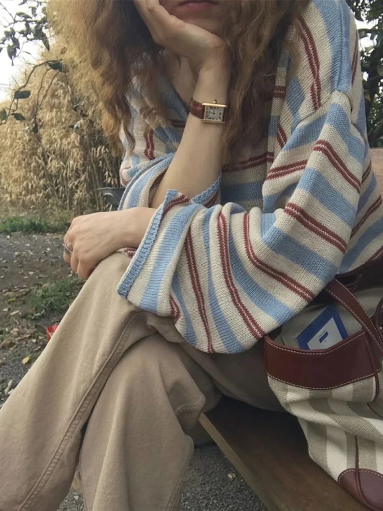 

Свободный длинный трикотаж Sve V-Ne, женская весенне-осенняя дизайнерская футболка в полоску, антивозрастной топ, повседневная мода