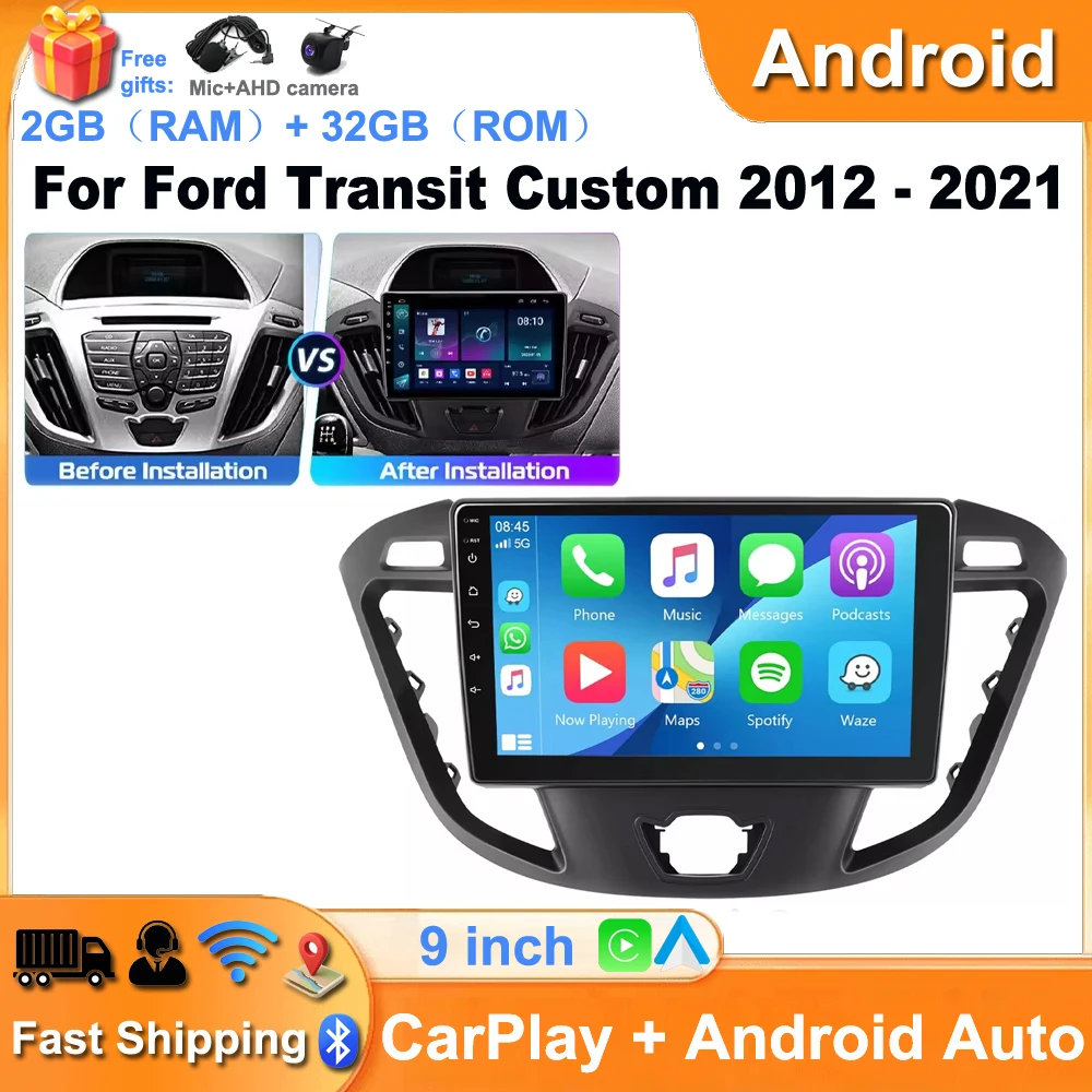 9Inch 2+32G Android 14 For Ford Transit Custom 2012 - 2021 Car Radio Multimedia Video Player Navigation stereo GPS For Carplay