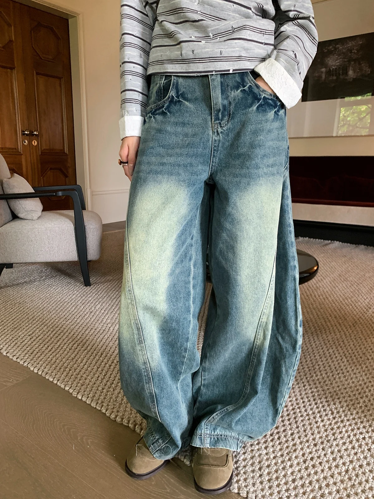 

Ретро-синие широкие джинсы женские прямые повседневные с высокой талией, выцветшие, на молнии, весна-осень, новые, стройнящие, универсальные