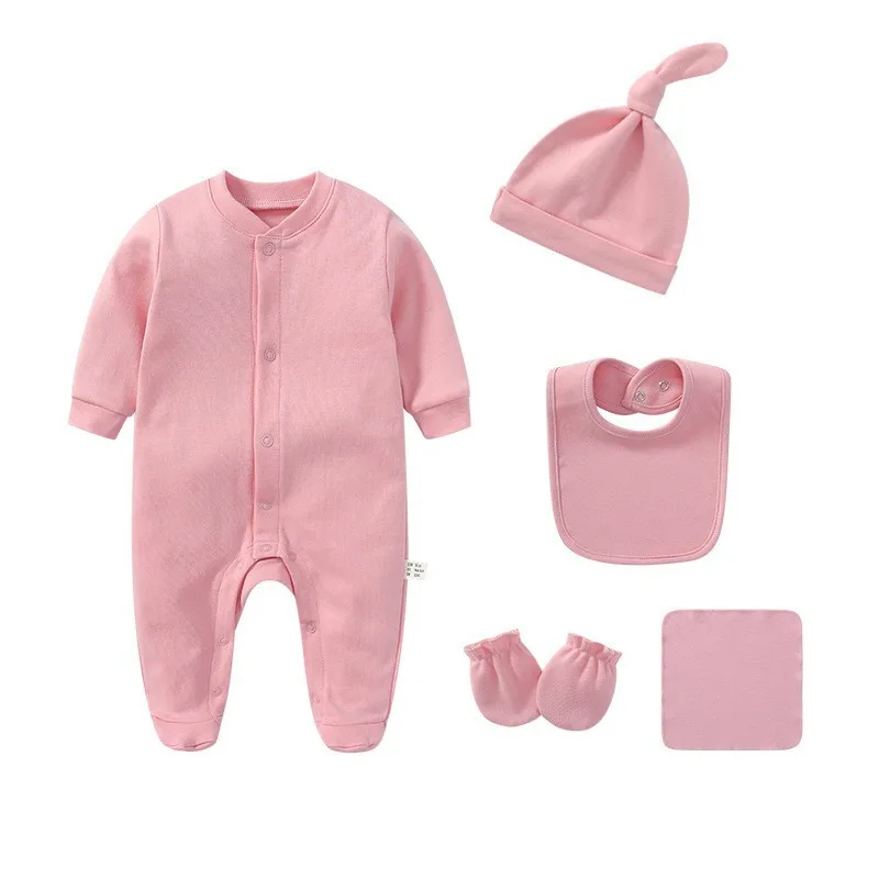 Newborn Baby Boys Girl Romper Set Infant with bib Cap Gloves socks Baby clothing set 100% Cotton Soft Clothing Pieces Sleepsuits