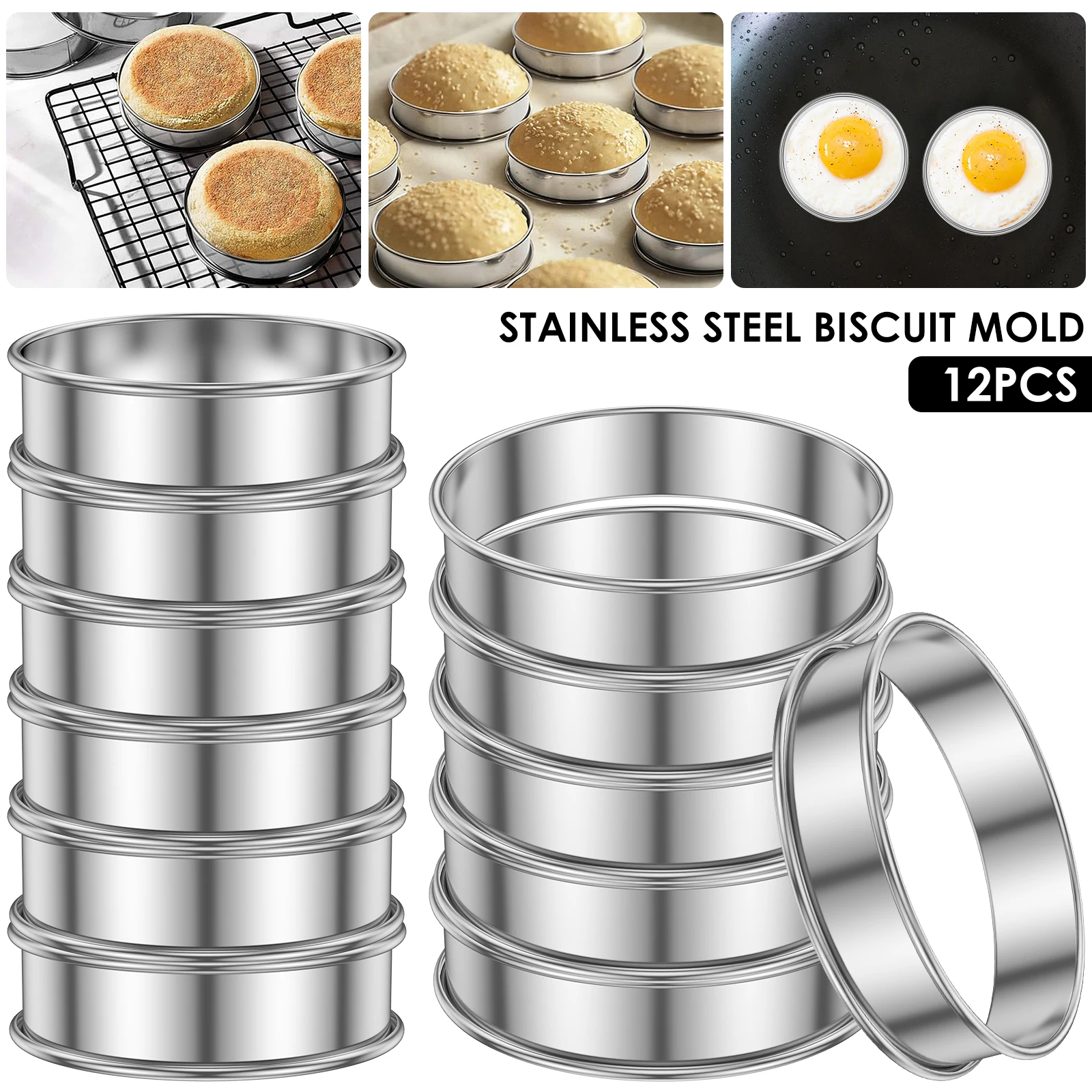 12Pcs English Muffin Rings 304 Stainless Steel Crumpet Rings Nonstick Tart Rings Double Rolled Muffin Tart Rings Crumpet Ring