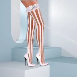 White Bowknot Decor Splicing Boots Pointed Toe Side Zipper Stiletto New Fashion Women Over Knee Boots 2024 Zapatos Para Mujere