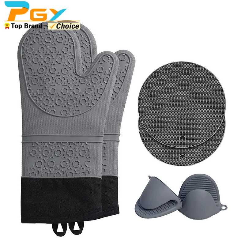 Professional Silicone Oven Mitts and Pot Holders 6Pcs Set Heat Resistant Long Kitchen Oven Glove for Grilling Cooking Baking