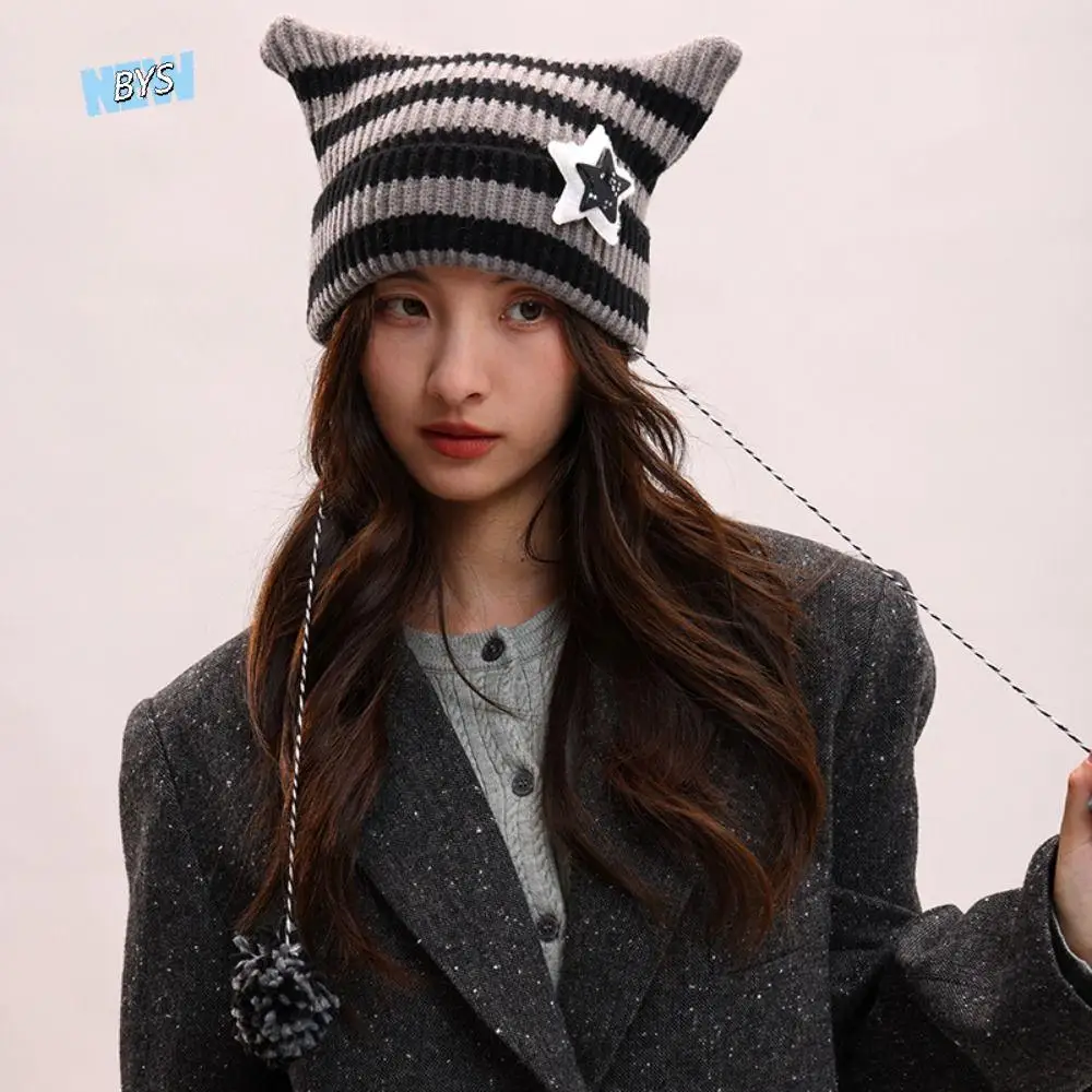 

Retro Harajuku Cat's Ears Knitted Hat Y2K Star Woolen Hat Stripe Hip-hop Warm Cap Outdoor