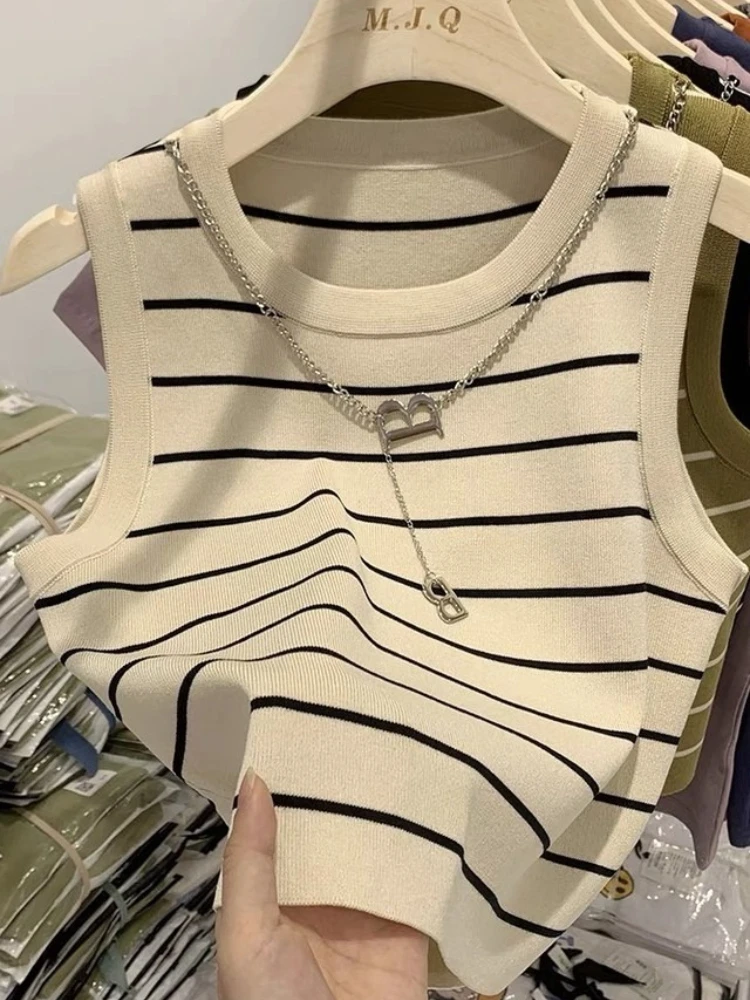 

Sleeveless Knitted Striped Crop Tops 2026 Spring Summer Women Tank Tops Female Elastic Slim Casual Vests Color Blocking Camis