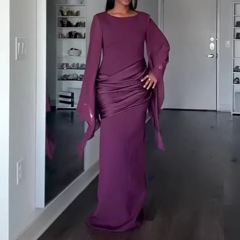 Elegant Crew Neck Waist Pleated Long Dress 2026 Spring Casual Solid Color Slim Maxi Dress Women Long Sleeve Bodycon Autumn Dress