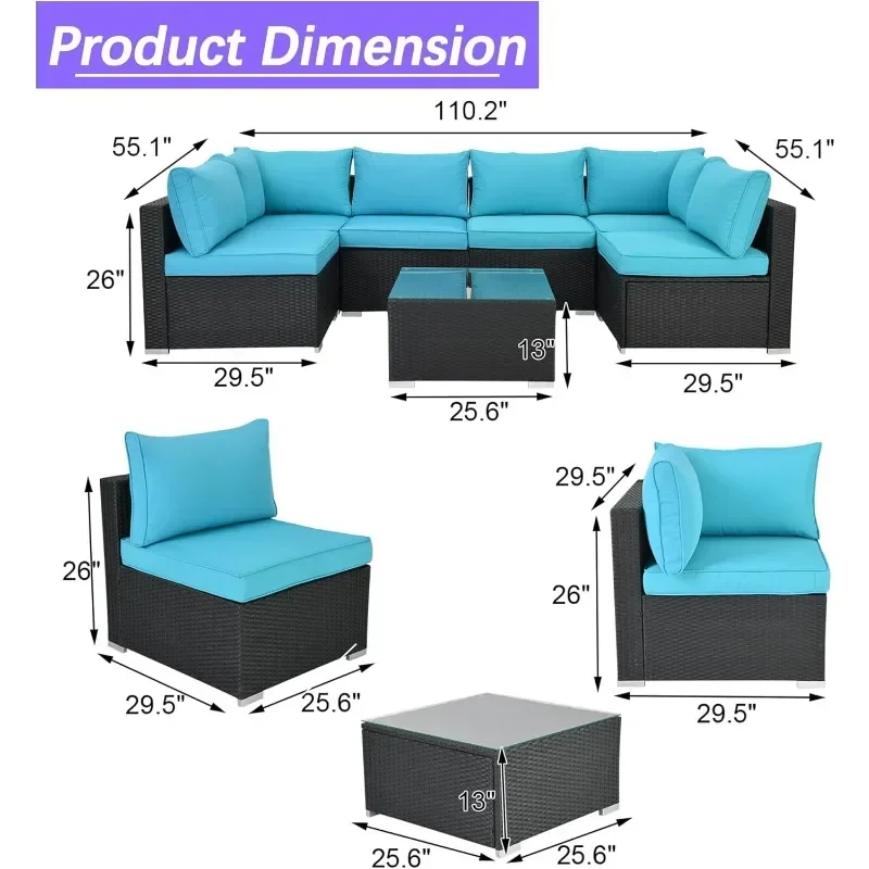 Conversation Set, Outdoor PE Wicker Rattan Sofa Set Patio Couches W Anti-Slip Turquoise Cushions, 2 Pillows for Patio Outdoor