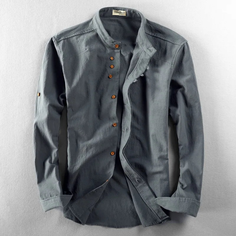 

Mens Fall Winter Chinese Linen Shirt Mandarin Collar Cotton Casual Daily Wear