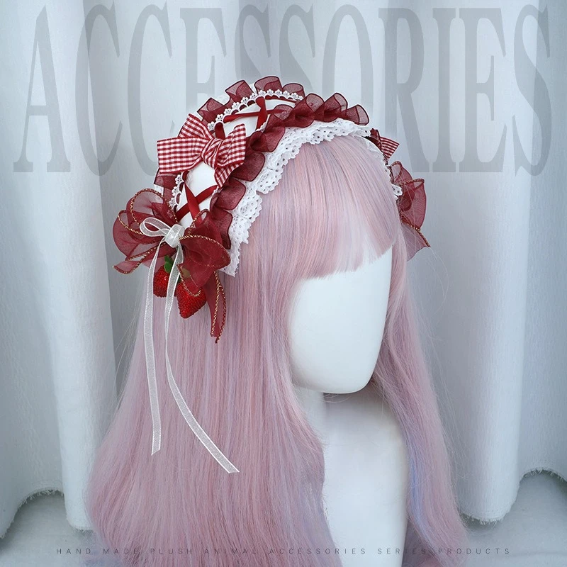 

Strawberry Grid Bow Lolita Headband Retro Classic Lolita Headwear Girl Cosplay Costume Hair Band Handmade Cute Cosplay Accessory