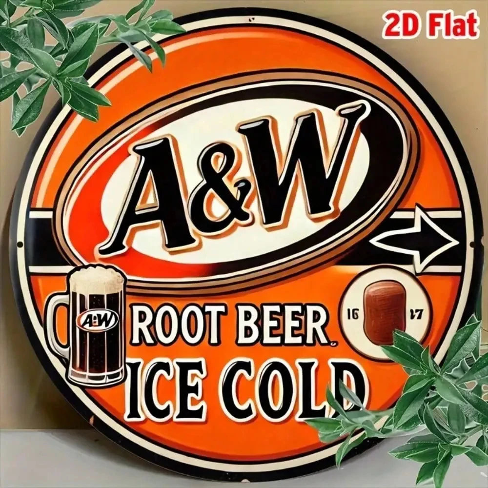 Retro Nostalgic A&W Root Beer Ice-Cold Beverage High-Definition Printed Metal Can Sign——Using Classic American Restaurant Branding, Featuring a Rugged Black Font