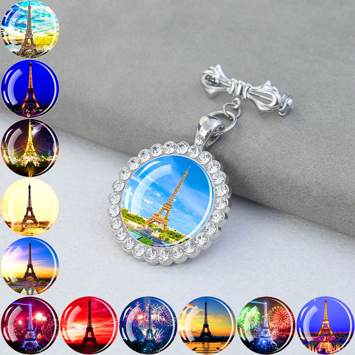 1PC Circular Glass Brooch with Eiffel Tower Pattern and Synthetic Zircon Border, Suitable for Holiday Parties and Birthday Gifts