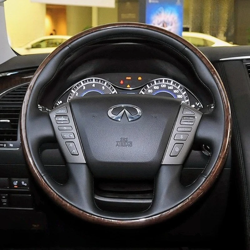 

For Infiniti QX56 QX80 Nissan Patrol Y62 2012-2018 Hand-stitched black Genuine Leather Peach wood grain car steering wheel cover