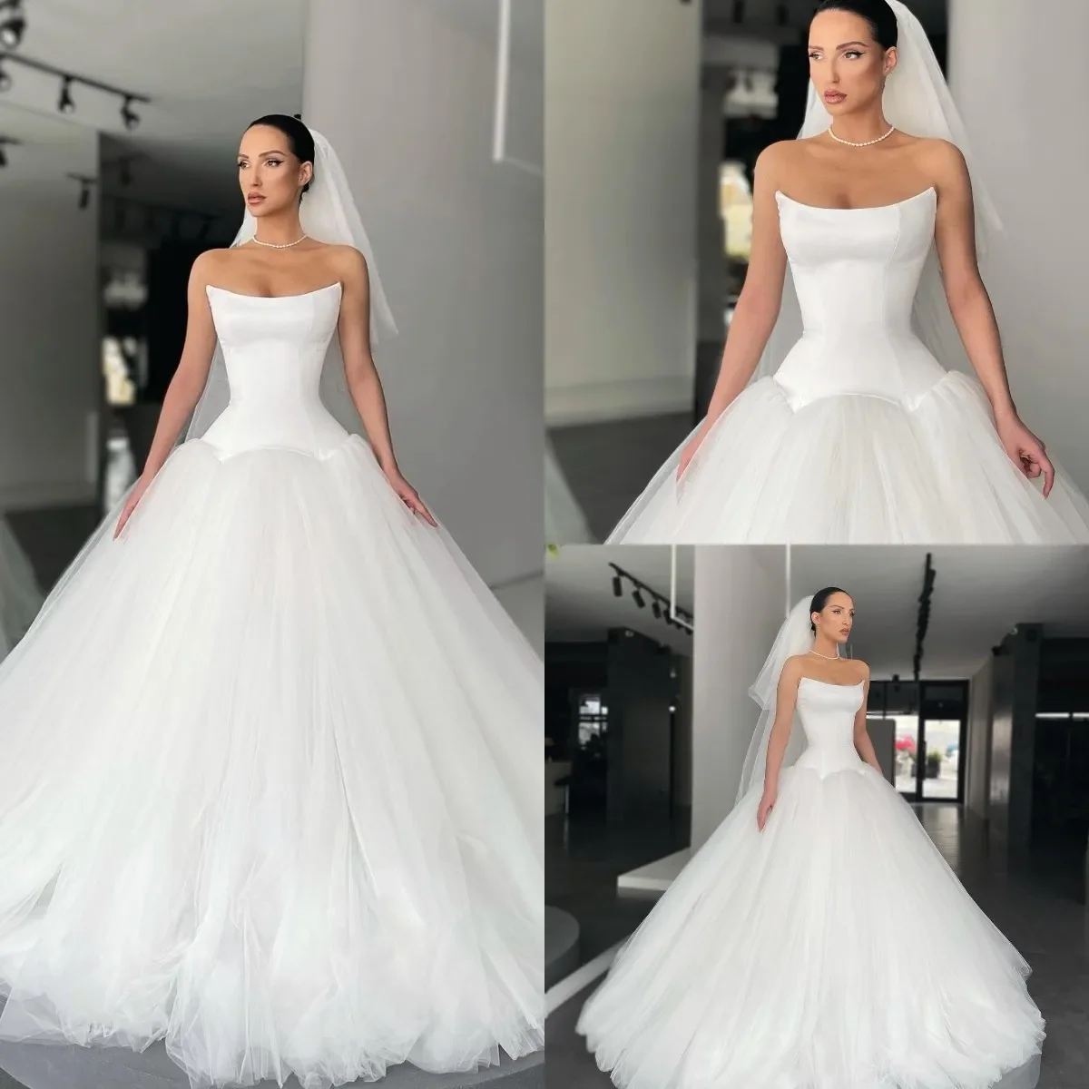 Simple Strapless A-line Wedding Dress Sheer Satin Bidal Gown Backless Modern Designer Bridal Gown Customization