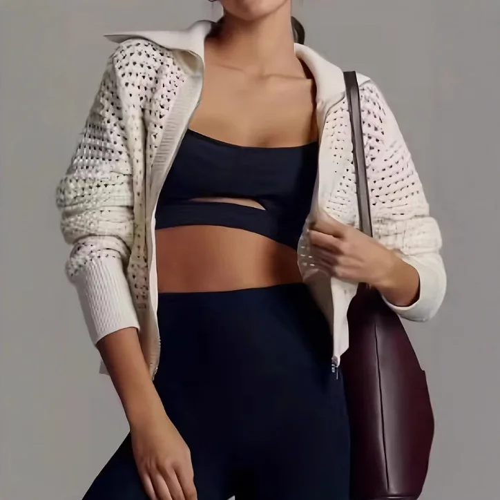 معطف نسائي جديد غير رسمي بسحاب منسوج مجوف لعام 2025