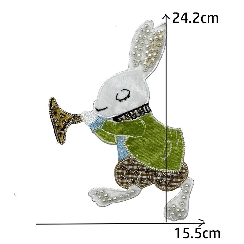 Beaded Wind a Trumpet Rabbit Patches Rhinestones Animal Patches Embroidery Applique Sew on Clothes Decorative Badge