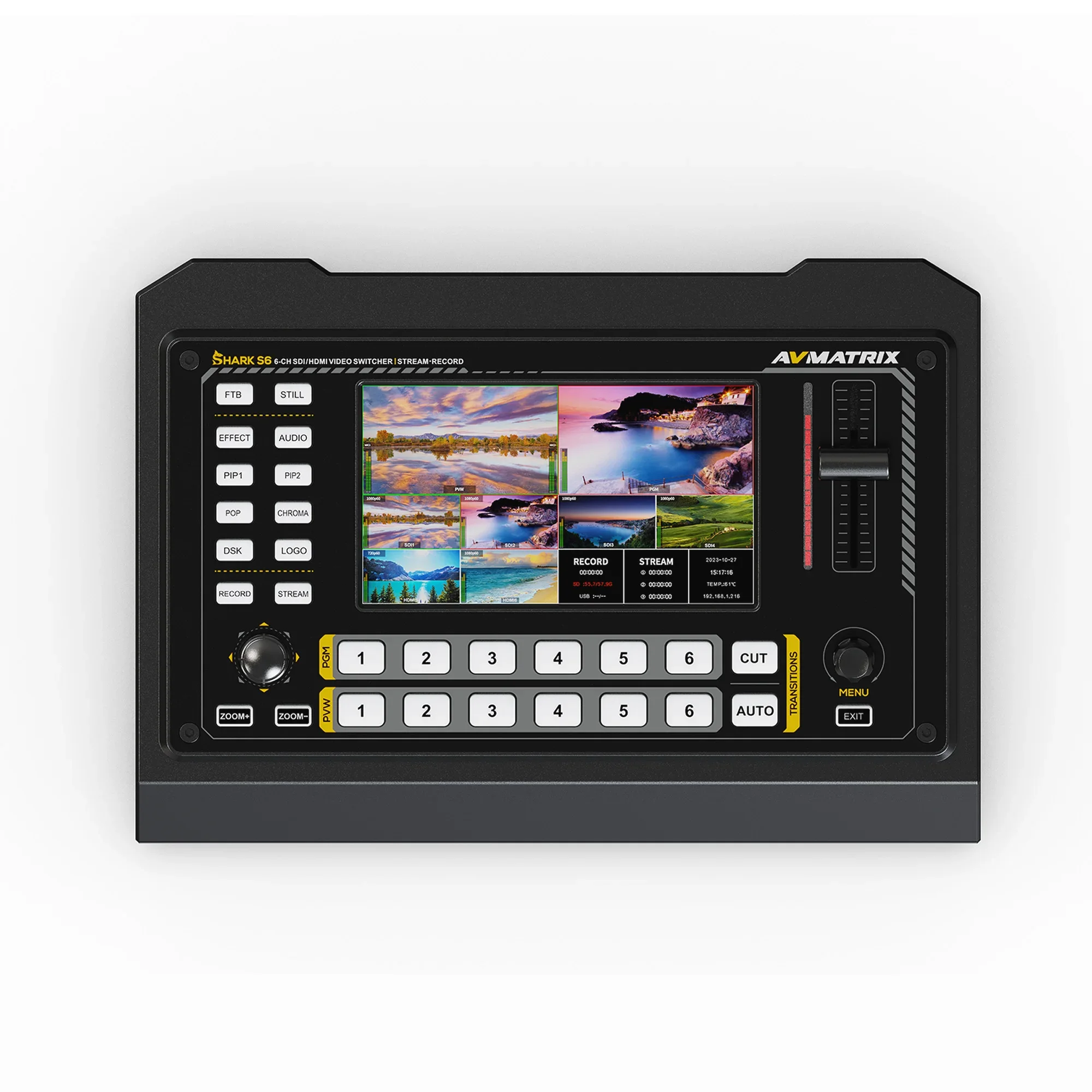 

AVMATRIX SHARK S6 6-CH /SDI Video Switcher With Recording With SD Disk Or USB Disk & Live Streaming Via Lan Or USB Type-C