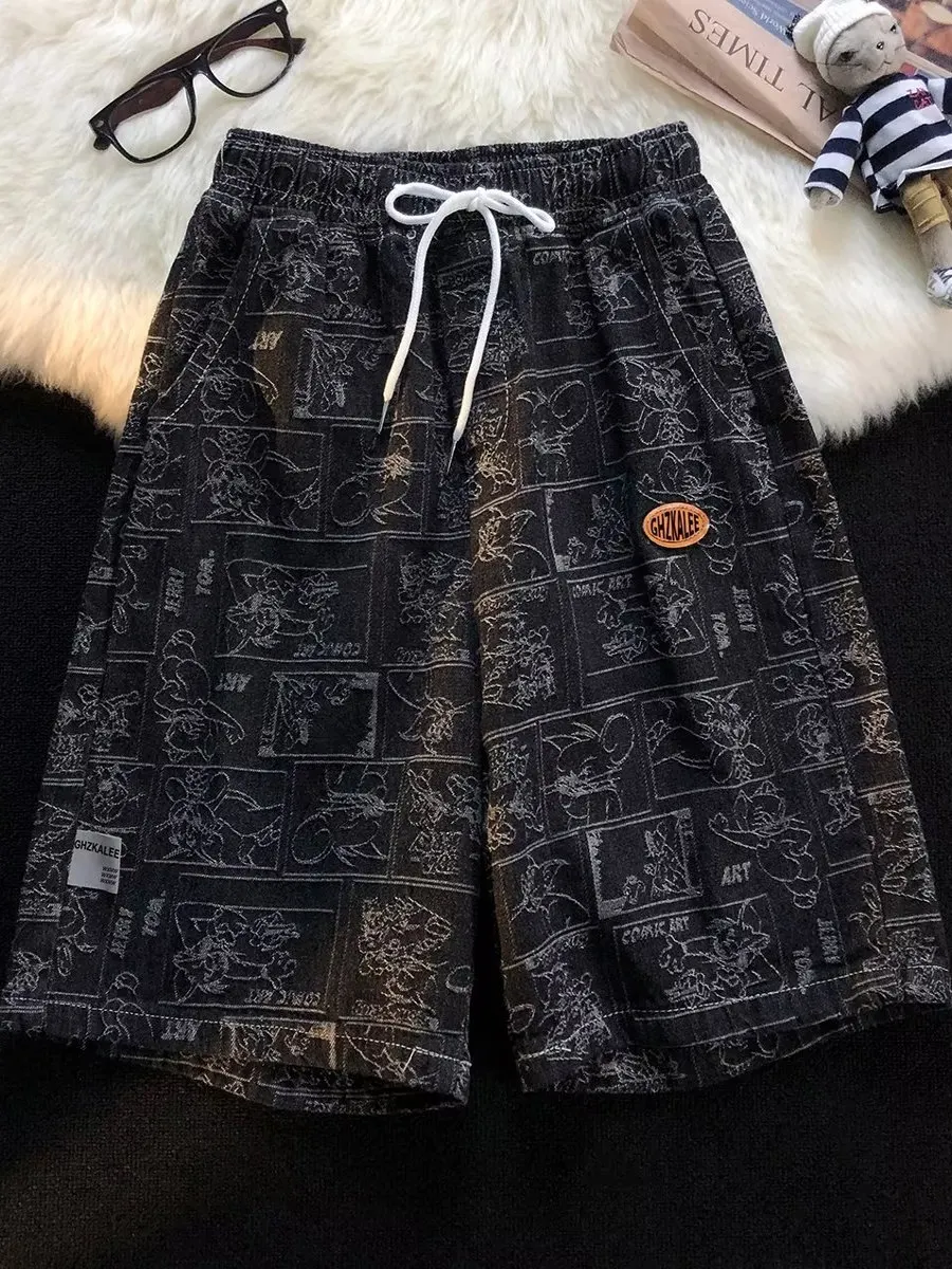 

Американские джинсы-шорты High Street Fiti для мужчин, летние, тонкие, свободные, повседневные, с широкими штанинами, рабочие, длиной до колена, свободного кроя