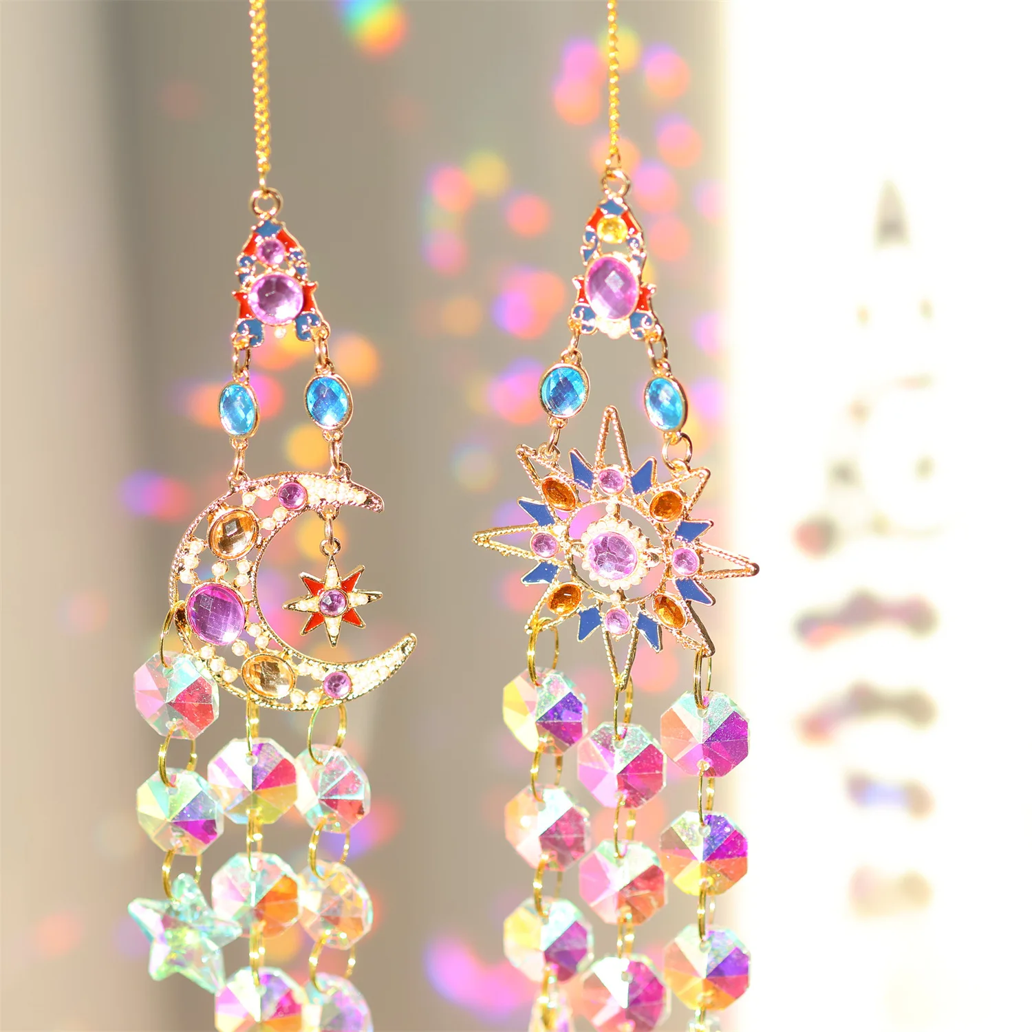 Crystal Sun Moon Suncatcher Hanging Ornament Window Prism Pendant Iridescent Glass Beads Chime Decoration Bedroom Garden Gift